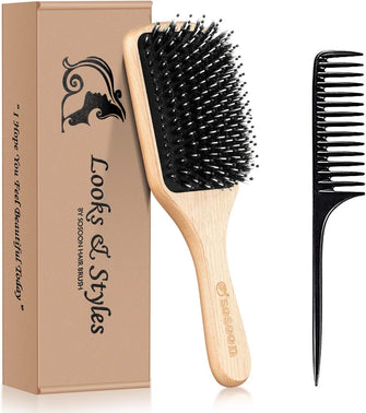 Hair Brush, Sosoon Boar Bristle Paddle Hairbrush for Long Thick Curly Wavy Dry or Damaged Hair, Reducing Hair Breakage and Frizzy No More Tangle, Giftbox & Hair Comb Included