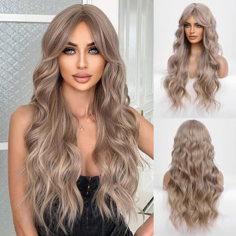 HAIRCUBE Long Curly Wigs Pale Ash Blonde Natural platinum Wigs Middle Part Bangs Heat Resistant Fiber Pretty Hair Styles with Highlights and Lowlights :White Sand Blonde with Ashey Beige