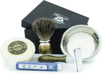 Haryali London Shaving Kit - 5pc Shaving Brush Set - Gold Antique - Shaving Set - Badger Shaving Brush - Double Edge Safety Razor - Shaving Soap - Shaving Bowl - Alum Stick