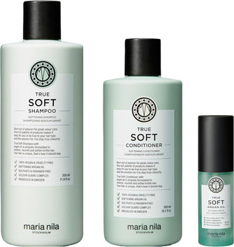 Maria Nila True Soft Shampoo, Conditioner & Argan Oil Set (350/300 / 30 ml), For Dry Hair, Easily absorbed, Remoisturises & Reduces Frizz, 100% Vegan & Sulfate/Paraben free