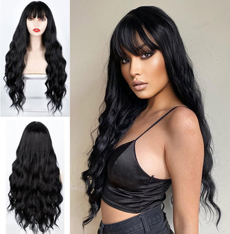 Longbest Long Wavy Wig,Heat Resistant Synthetic Wig Ombre Blonde Wig, 28inch Lace Front Wig, Breathable and comfortable wig,Middle Parting for Women, Long Wig with Fringe (28Inch black wig+Wig Cap)