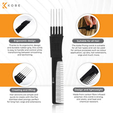 Kobe Pro Metal Prong Comb - Effortlessly Add Volume and Control to Hair, Ergonomic Design, Dual-Sized Teeth, Stainless Steel section Pins  Ideal for Back-combing, Root Lift, Sectioning and Smoothing. - Durable, Anti-Static, and Chemical Resistant