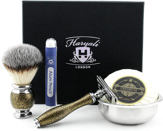 Haryali London Shaving Kit - 5 Pc Antique Shaving Kit - Double Edge Safety Razor - Silver tip Synthetic Shaving Brush - Shaving Bowl - Shaving Soap - Alum - Gold Color Shaving Set as Gift Set