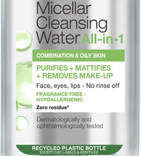 Garnier Micellar Cleansing Water For Combination Skin, Gentle Face Cleanser and Makeup Remover, Fragrance Free, Recognised By The British Skin Foundation, Use With Reusable Micellar Eco Pads, 400 ml