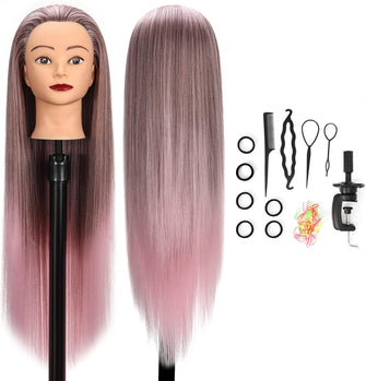 Mannequin Head,GUANJUNE Hairdressing Traning Head Hairdresser,26-28 Inch 100% Synthetic Fiber Cosmetology Doll Head with Clamp Holder+Hair Accessoires Set,Presents for Girls(Gradient Pink)