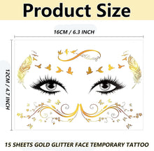 Gold Face Tattoos, 15 Sheets Metallic Temporary Tattoo Sticker Glitter Eye Halloween Face Stickers Jewels Moon Gems Dots Butterfly Star for Women Girls Halloween Makeup Dancer Costume Parties