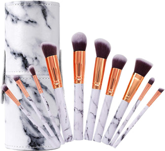 Makeup Brushes Set Professional Marble Makeup Brush Portable Cosmetic Brushes for Loose Powder, Contour, Shade, Highlighter, Eye shadow and Foundation, with PU Leather Storage Bucket, 10 Pieces