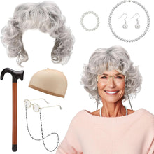Invalidism Old Lady Fancy Dress Set,9 Pcs Granny Wig Cap Pearl Necklace Earrings Bracelet Cane Glasses with Chain Accessories Kit for Halloween World Book Day Masquerade Carnival