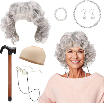 Invalidism Old Lady Fancy Dress Set,9 Pcs Granny Wig Cap Pearl Necklace Earrings Bracelet Cane Glasses with Chain Accessories Kit for Halloween World Book Day Masquerade Carnival