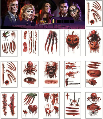 16 Sheets Halloween scar tattoos Stickers, Realistic Halloween Zombie Scars Wounds Tattoos, Fake Blood Fake Stitches Vampire Cut Scary Makeup Sticker Set Suitable for Halloween Party Cosplay.