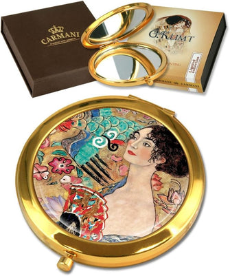 CARMANI Gustav Klimt 'Lady with Fan' Pocket Mirror, Gold Plated Bronze Make-up, Compact, Travel Mirror