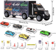 m zimoon Car Transporter Truck Toy, Transport Car Carrier Truck Toy Set with 8pcs Accessories and 6pcs Mini Metal Cars Gift for 3-12 Years Old Boys Girls Children