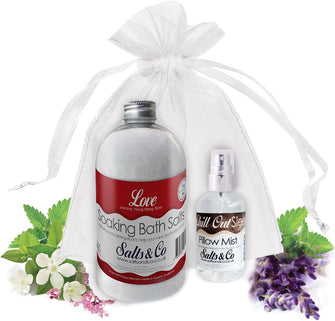 Love & Chill Out - Aromatherapy Bath Salts & Pillow Spray Gift Set - Packaged in Organza Bag - Jasmine, Ylang ylang, Rose, Neroli, Cedar Wood oils by Salts & Co