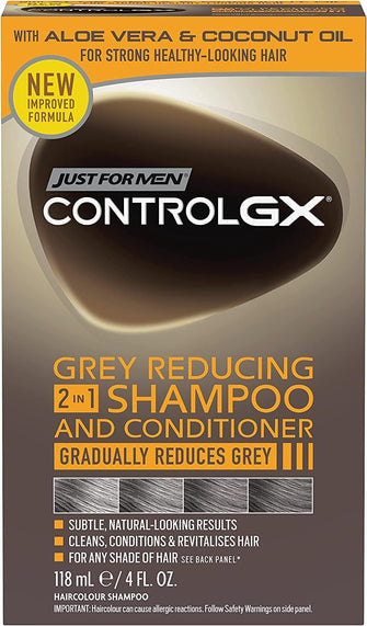 Just For Men Control GX 2-in-1 Shampoo & Conditioner, Gradually & Permanently Reduces Grey Hair With Each Wash  All Shades, 118 ml