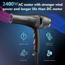 HappyGoo,Black Professional Hair Dryer 2400W AC Motor Fast Drying Salon Ionic Hairdryer with 2 Speed, 3 Heat Setting, Cool Button, with Diffuser, Nozzle, Concentrator Comb for Curly and Straight Hair