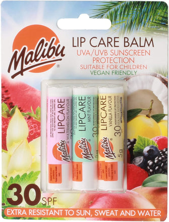 Malibu Sun SPF 30 Lip Balm Sunscreen, Watermelon, Mint and Vanilla, 3 x 5g