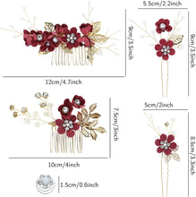 Cinaci 18 Pieces Bridal Wedding Party Prom Pearl Rhinestone Burgundy Flower Hair Side Combs Slides+U-shaped Flower Hair Pins+Twist Spiral Hairpins Floral Headpieces for Brides Bridesmaids Women Girls