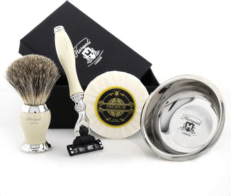 IVORY RESIN HANDLE RAZOR WITH BADGER SHAVING BRUSH SHAVE SOAP AND BOWL GIFT SET Gift Ideas for men Dad Granddad Christmas secret Santa.