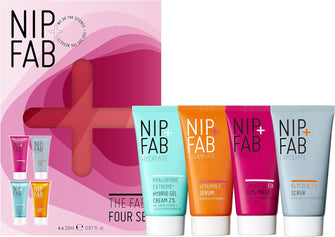 Nip+Fab The Fab Four Set Deluxe Mix, Bestsellers Kit, Contains: Glycolic Fix Scrub, Salicylic Fix Clay Mask, Vitamin C Fix Serum and Hyaluronic Fix Extreme4 Hybrid Gel Cream 2%, Complex Face Care