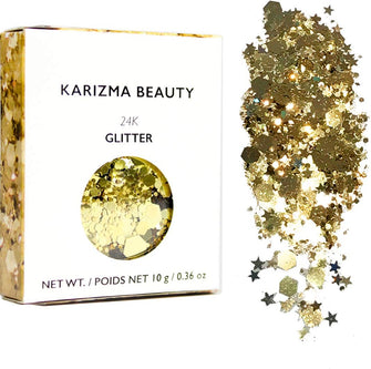 KARIZMA 24K Gold Glitter. 10g Chunky Face Glitter, Hair Glitter, Eye Glitter and Body Glitter for Women. Rave Glitter, Festival Accessories, Cosmetic Glitter Makeup. Loose Glitter Set