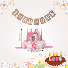 KufaerBeam First Birthday Crown Hat and Birthday Flag for Baby Girls, 1st Birthday Crown Hat Decorations with Cute Floral, Headband Gift Photo Prop 1st Birthday Party Supplies for Baby