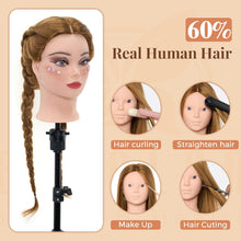 Neverland Hairdressing Head,28 inch 50% Real Human Hair Training Head Cosmetology Make-up Mannequin Manikin Doll Head with Table Clamp Holder,Eyelash,DIY Hair Styling Braid Set(Gold)