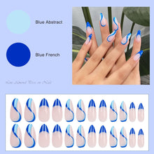 Abstract Almond False Nails Blue Press on Nails Glossy Acrylic Full Cover Lines Acrylic Press on Fake Nails Women Girls 24Pcs