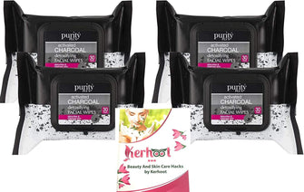 Bundle Multipack - 4 Packs Purity Plus Charcoal Detoxifying Cleansing Biodegradable Facial Wipes for Women & Men- 120 Wipes Makeup Remover - With a Kerhoot Beauty Tips Full Colour Booklet. 5 Items.