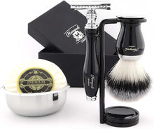 Haryali London Shaving Kit  5 Pc Shaving Kit  Double Edge Safety Razor - Synthetic Hair Shaving Brush  Shaving Soap  Shaving Bowl  Shaving Stand  Black Color Shaving Set as Gift