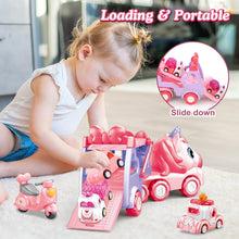 JQLM 5 IN 1 Unicorn Toy Girl Cars, Carrier Truck Toys for Girls Toddlers with Sound&Light, Birthday Christmas Toys Gifts for 2 3 4+ Year Old Baby Girls Boys Kids (Pink)