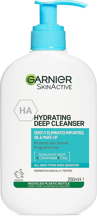 Garnier Gentle Hydrating Deep Face Cleanser, With Hydrating Hyaluronic Acid, Protecting Ceramides, Purifying Clay, Fragrance Free, Suitable For Sensitive Skin, Pure Active, 250ml