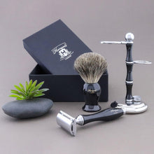 Haryali London Shaving Kit - 3 Pc Shaving Kit - Double Edge Safety Razor - Best Badger Shaving Brush - Shaving Stand - Black Color Elegant Shaving Set as a Gift Set