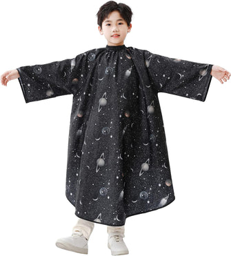 Kids Hair Cutting Hairdressing Gown Cape with Sleeves, Kids Barber Cape Haircut Cape for Boy & Girls, Professional Salon or Home Hair Cut Cape-Black Space Printing