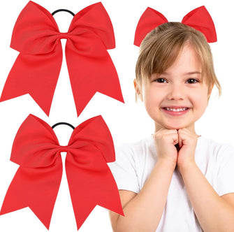 Jeffan 2 Pieces 8 Inch Large Ribbon Bows Hair Ties School Girls Red Ribbon for Hair Ponytail Holders Hair Styling Accessories (Red)