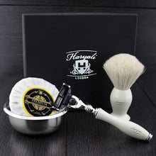 Haryali London 4 Pc Mens Shaving Kit 3 Edge Razor with White Badger Hair Shaving Brush, Soap and Bowl Perfect Set for Men