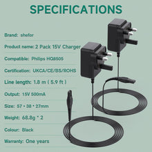 15V Philips Shaver Charger Adapter, Philips Shaver Charger Cable for Philips Norelco 3000 5000 7000 9000 Series HQ8505 HQ8830 Electric Shaver, Multifunctional Razor Beard Trimmer Power Supply2 Packs