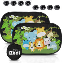 iZoeL Car Sun Shade for Baby Kids 2 PCS Static Cling Side Window Car 80GSM Animals Cars Rear Sunshades Universal with 8 Suction Cups and Storage Bag - Sun Glare and UV Rays Protection