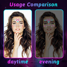 Neon Face Temporary Tattoo Glow in Dark, 8 Sheet Waterproof UV Blacklight Neon Face Tattoos Flash Fake Stickers for Makeup Party Festival Rave Accessories (Absorb enough Light to Glow in the Dark)