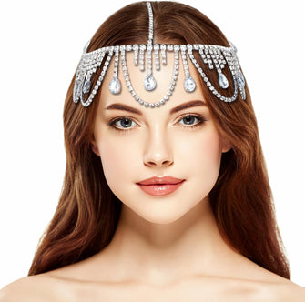 NICENEEDED Tassels Crystal Bridal Headpieces, Rhinestone Head Jewelry Forehead, Boho Goddess Silver Luxury Headband Headpiece Indian Hair Chain Hair Accessories for Women Girls Hair Decor Party