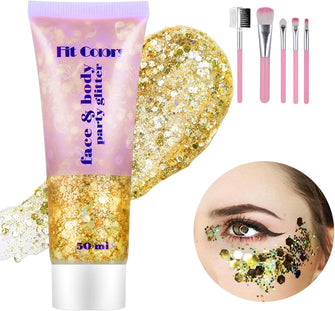 Huiguli Body glitter, 50ml Gold Face Glitter Glue with Brushes, Mermaid Sequins Chunky Glitter Liquid Gel for Hair, Body, Face, Eye, DIY Art, Party, Festival Make up Decoration