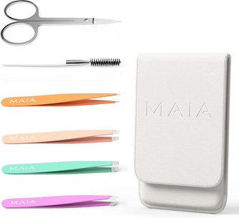 MAIA 6 Piece Professional Facial Hair Tweezers Set for Women - Eyebrow, Lash and Blackhead Remover Tool, Ingrown Hair, Flawless Hair Removal - Travel Essentials with Stainless Steel Scissors