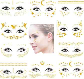 Face Tattoos,10pcs Gold Tattoos Temporary Metallic Tattoos Face Glitter Tattoo Stickers Festival Glitter Tattoos Waterproof Face Tattoos for Adults Women Girls Kids Make Up Dancer Party Face Stickers