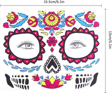 Halloween Face Temporary Tattoos, 6 Sheets Day of the Dead Face Tattoo Sugar Skull Skeleton Make Up Sticker Halloween Tattoos for Halloween Makeup Cosplay Costume Party Carnival Masquerade Y7YGLPWST