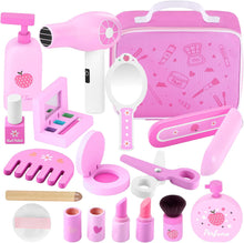 GAGAKU Wooden Makeup Set Kids Pretend Makeup Sets Wooden Toy Kit Montessori Fake Makeup Play Dress Up Kit with Hair Dryer Mirror for Toddler Children Little Girls Perfume Gifts Ages 3 +
