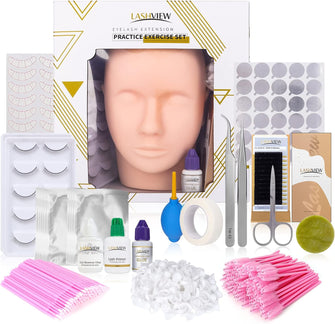 LASHVIEW Eyelash Extension Kit, with Mannequin Head Practice Exercise Set, Training Lash Extension Supplies for Beginners Include Individual Lashes Glue Tweezers and Training Lashes