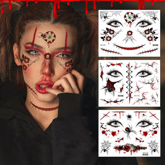 6 Sheets Halloween Face Temporary Tattoos,Scary Tattoo Stickers, 3D Witch Zombie Makeup Kit Roses Face Tattoos Stickers for Halloween Party Favours Makeup Carnival Masquerade