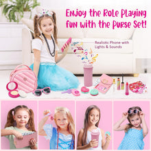 Kids Pretend Play Little Girl Purse Accessories, Princess Toy Cell Phone w/ Light and Sound, Fake Makeup Handbag Wallet Keys Credit Card Water Bottle Birthday Gifts Toys for 3 4 5 6 7 8+ Year Old Girl