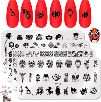 NICENEEDED 4 PCS Chinese Style Nail Art Stamping Plates, Rectangular Bamboo Pattern Stamp Plates, Flowers Print Manicure for Women and Girls Diy Printing Tools