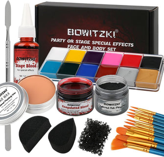 Bowitzki Halloween Makeup Special Effects Oil Face Body Paint Fake Blood Scar Wax Charred Ash Powder with Sponges Brush Halloween Party SFX Cosplay