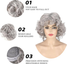 Invalidism Old Lady Fancy Dress Set,9 Pcs Granny Wig Cap Pearl Necklace Earrings Bracelet Cane Glasses with Chain Accessories Kit for Halloween World Book Day Masquerade Carnival